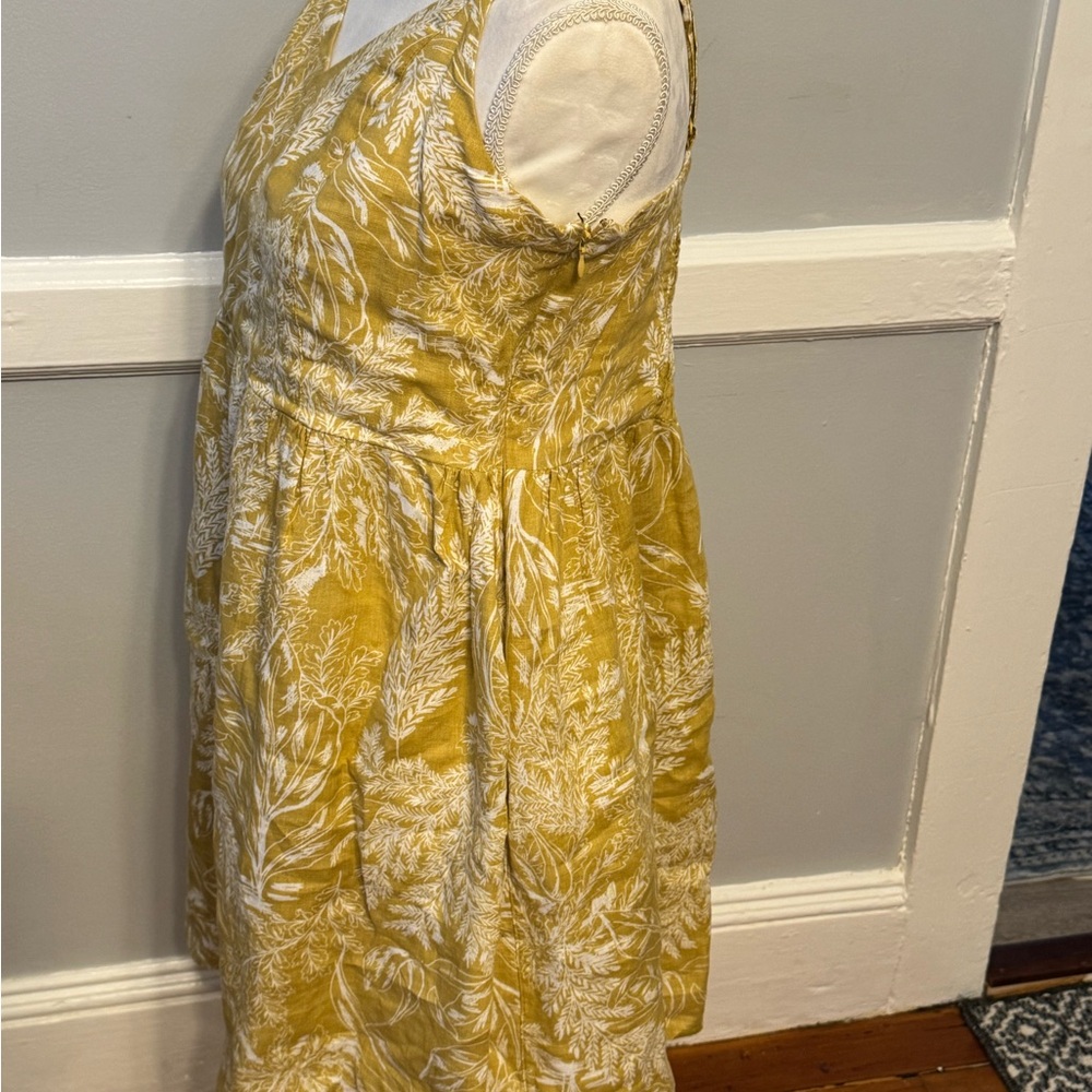 Tahari Midi Tropical Print Yellow Smocked Cotton Linen Casual Sundress - Picture 3 of 7